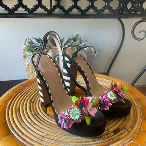 Betsey Johnson Black Striped Platform Heels with Multicolor Floral Appliqués